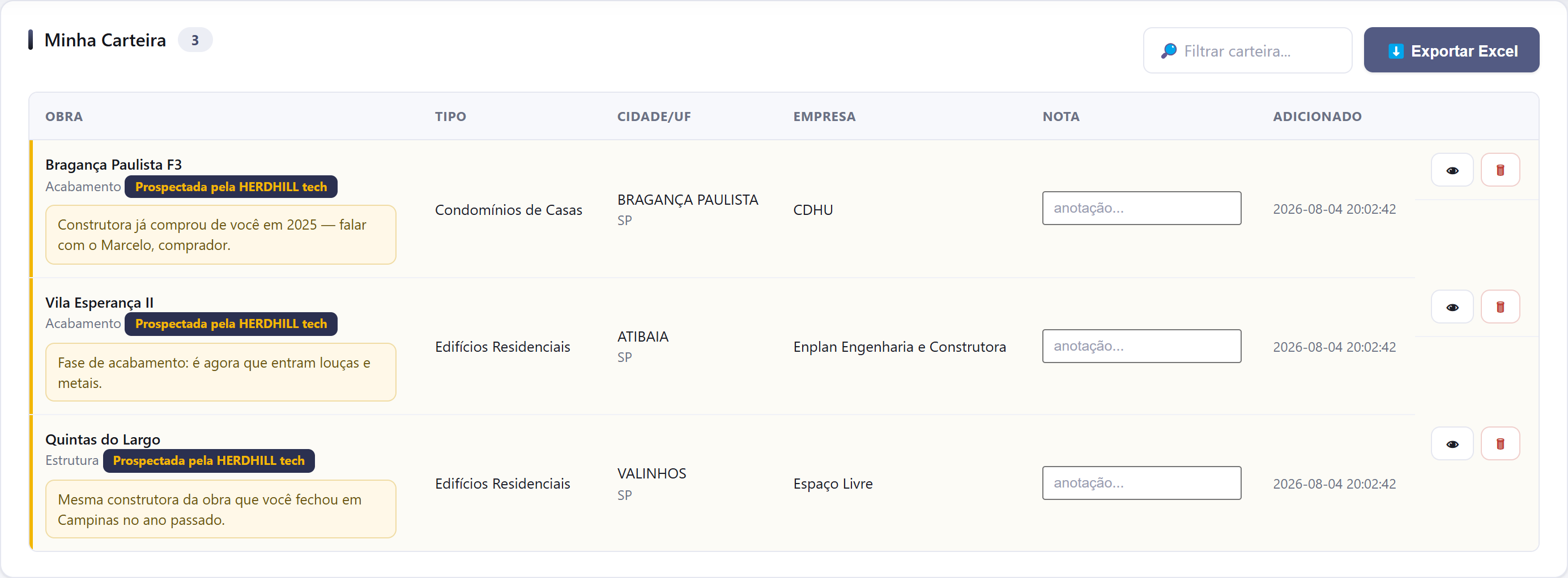 Minha Carteira com três obras marcadas como Prospectada pela HERDHILL tech, cada uma com um comentário da equipe explicando por que aquela obra interessa